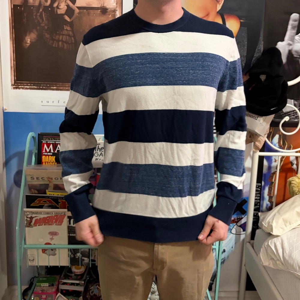 GAP Navy and White Wide-Stripe Crewneck Sweater